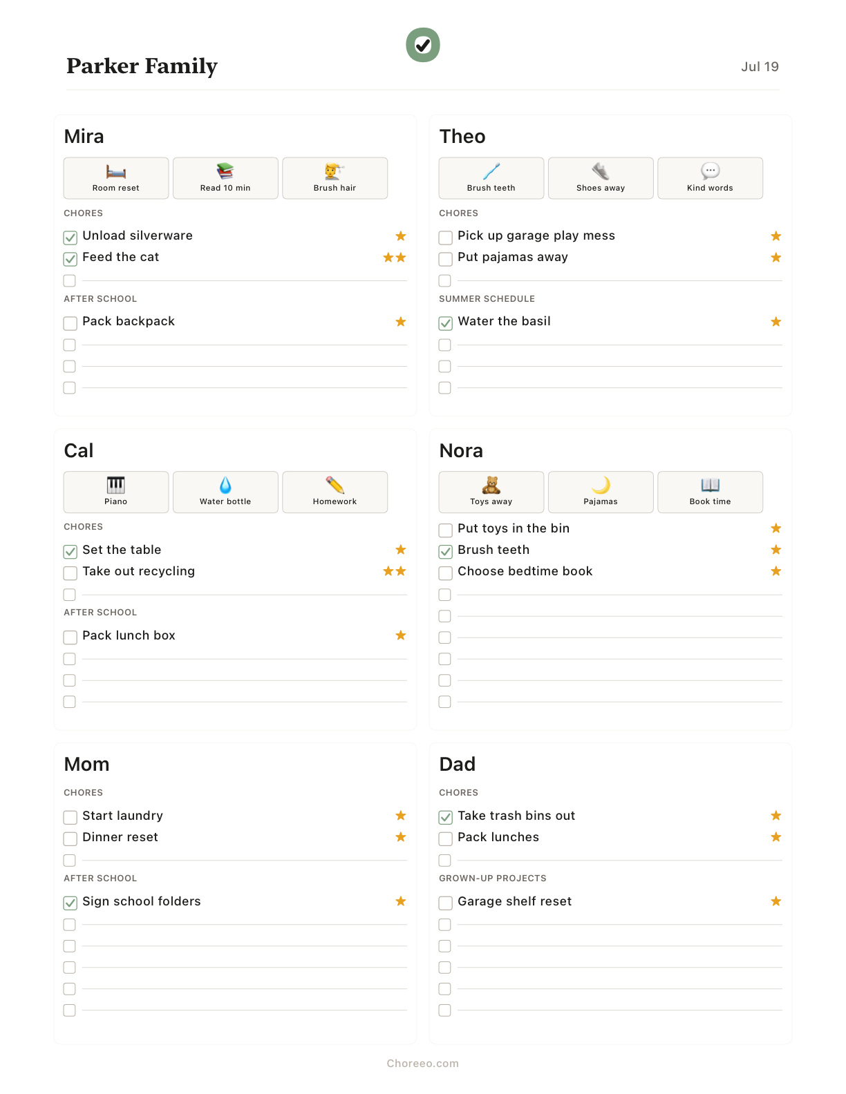 A Choreeo printout showing chores, after-school work, summer routines, and grown-up projects in distinct bins.