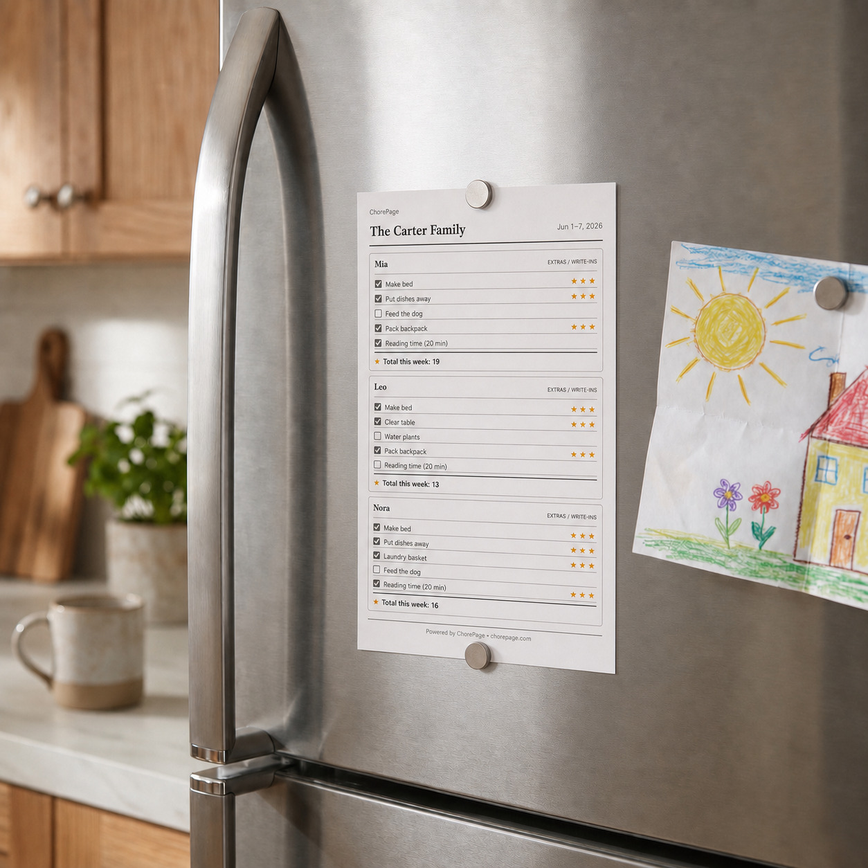 A printed Choreeo chore chart held to a fridge with magnets, mid-week, a handful of boxes already checked.