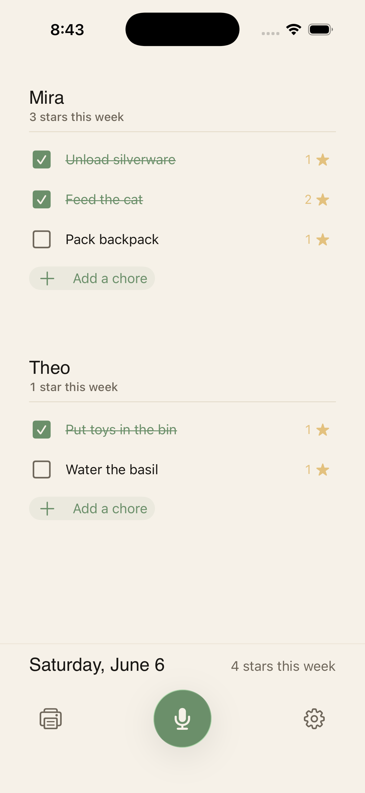 Choreeo iPhone chart showing kids, chores, completed checks, stars, print, microphone, and settings controls.