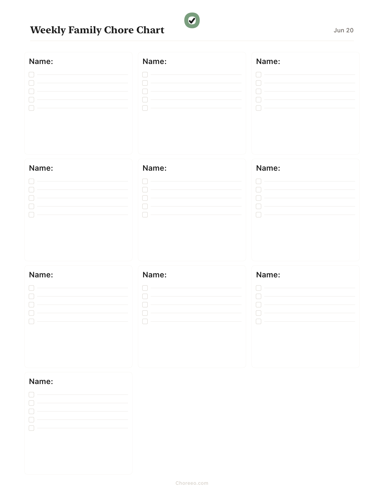 Preview of Weekly chore chart for 10 family members