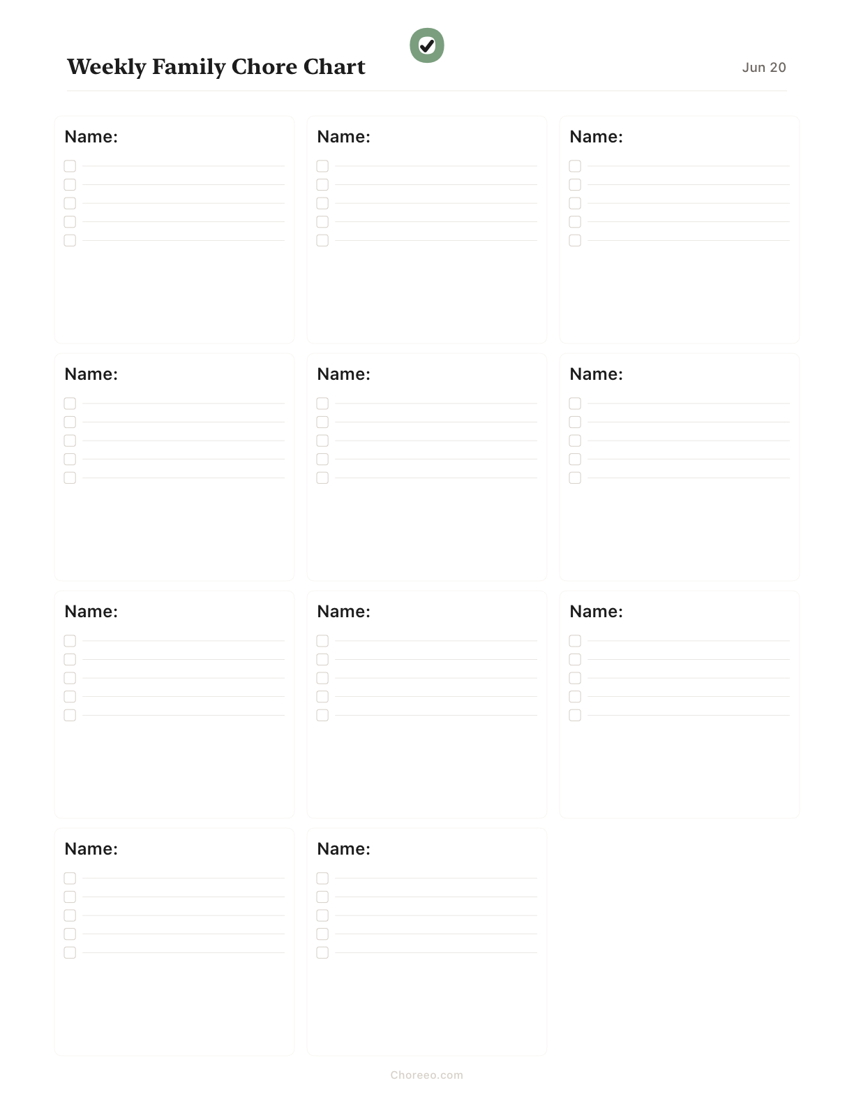 Preview of Weekly chore chart for 11 family members