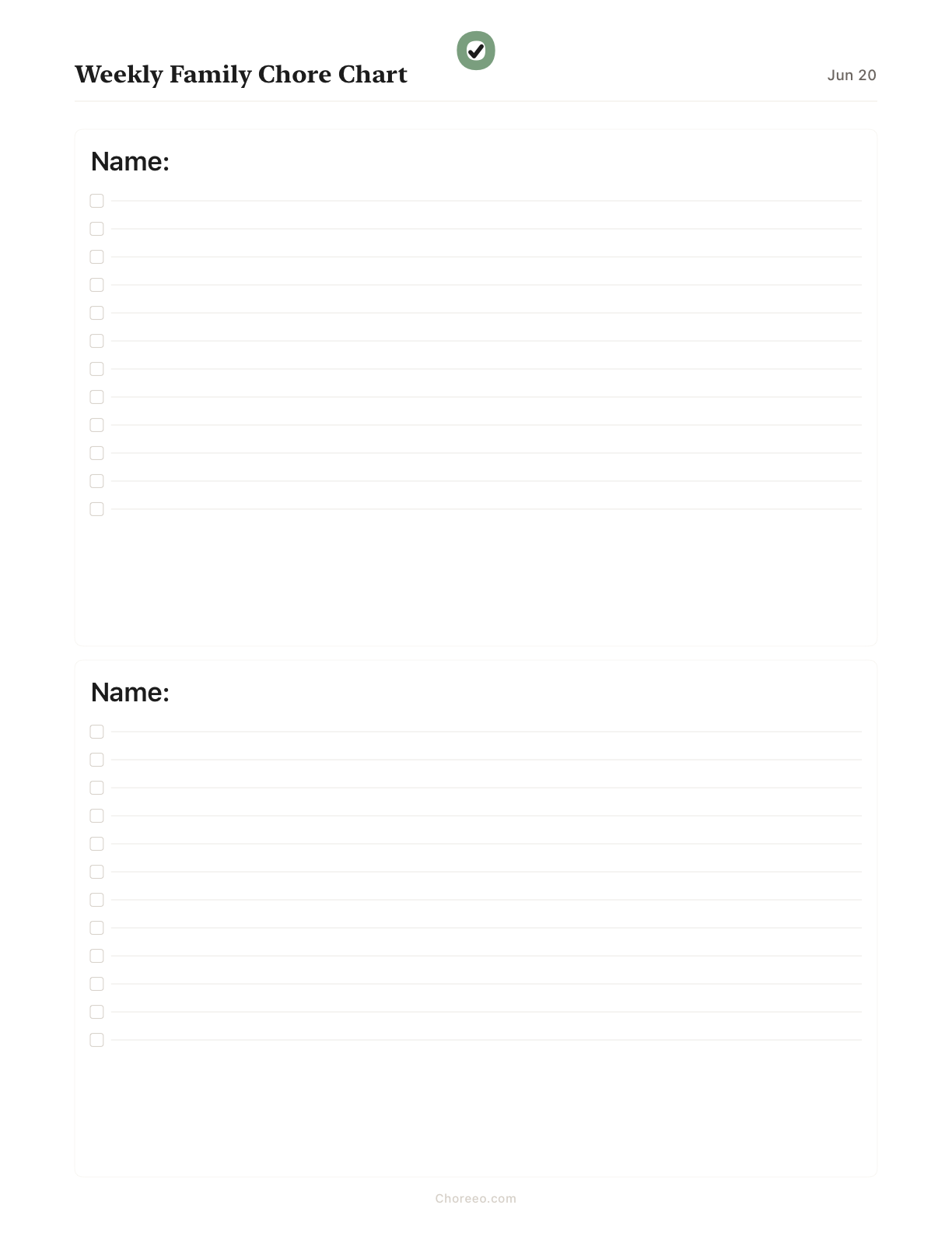 Preview of Weekly chore chart for 2 family members