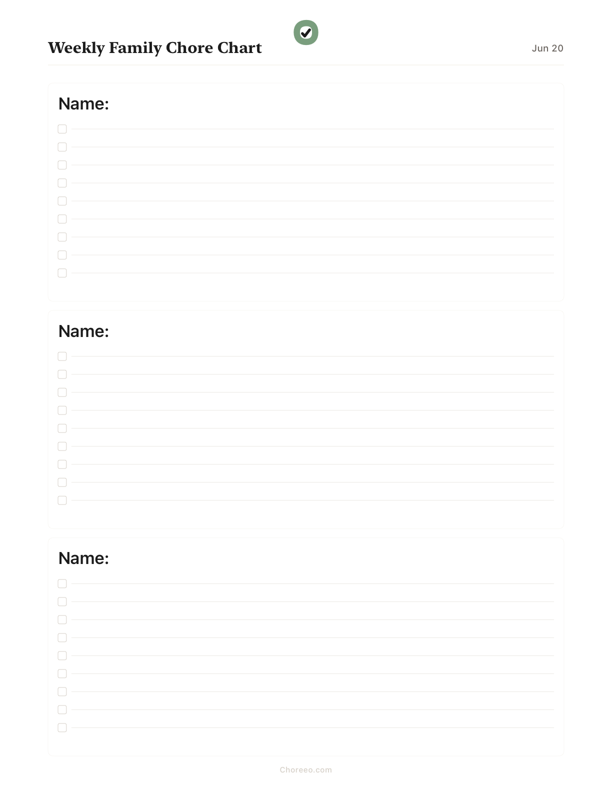 Preview of Weekly chore chart for 3 family members
