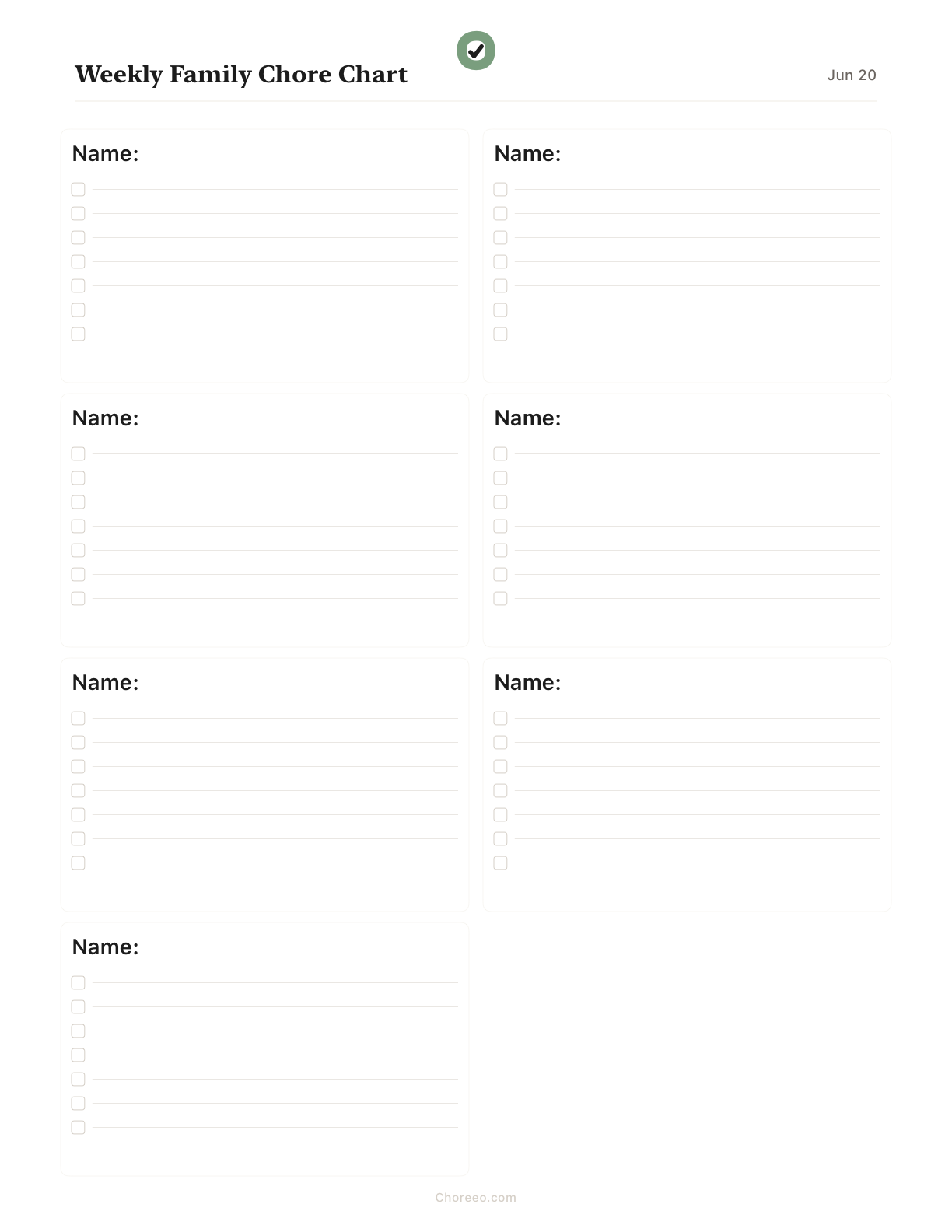 Preview of Weekly chore chart for 7 family members