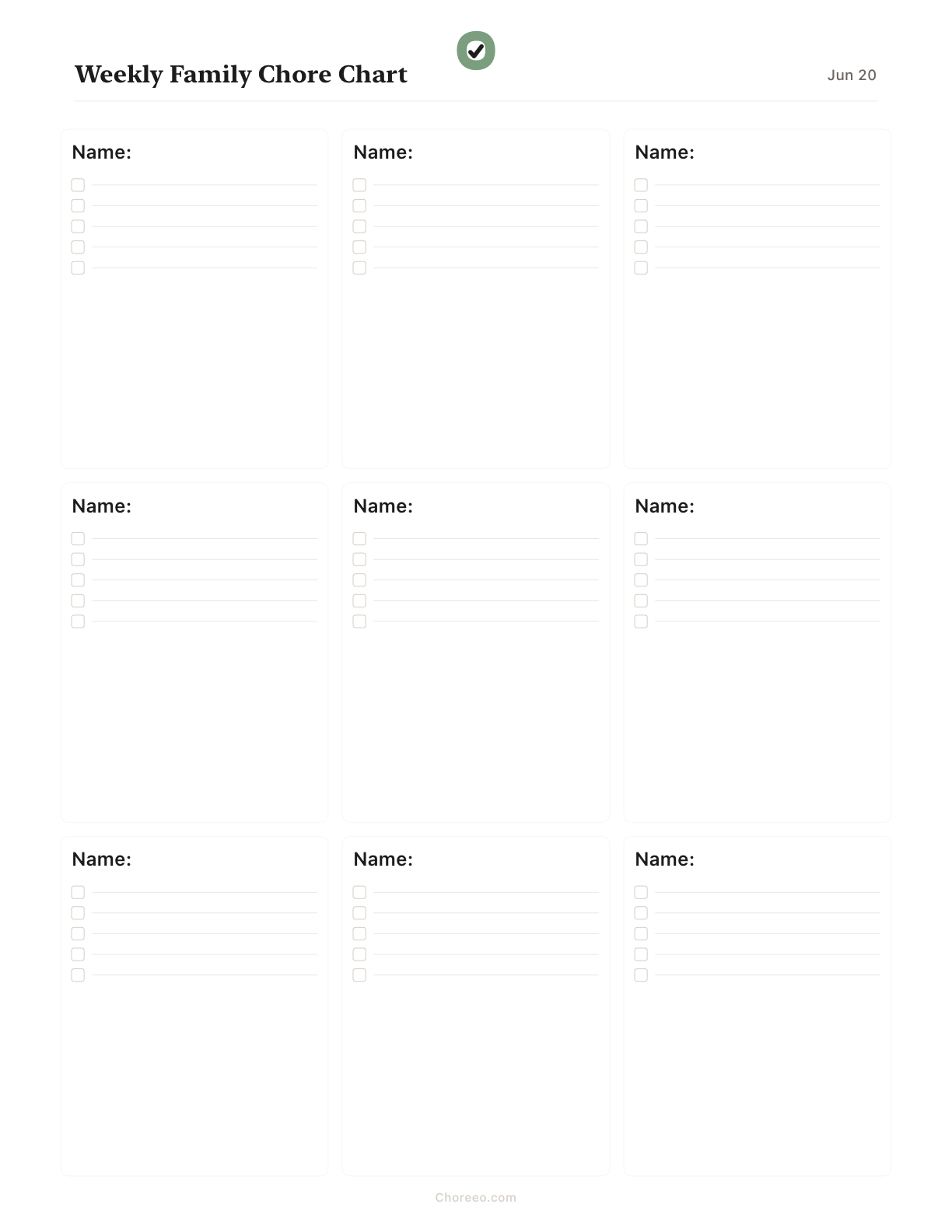 Preview of Weekly chore chart for 9 family members